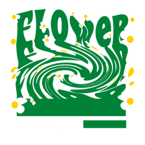 Design gráfico de vestuário streetwear com a palavra "FLOWER" em estilo fluido, cercada por flores brancas e amarelas sobre um fundo verde. Ideal para amantes da moda urbana e natureza.