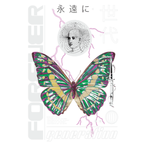 Imagem artística com uma borboleta colorida ao centro, cercada por elementos gráficos como um rosto humano estilizado, texto em japonês e detalhes geométricos. O design apresenta um contraste vibrante e uma estética moderna, destacando a palavra "FOREVER" e "generation". Ideal para temas de arte contemporânea e cultura visual.