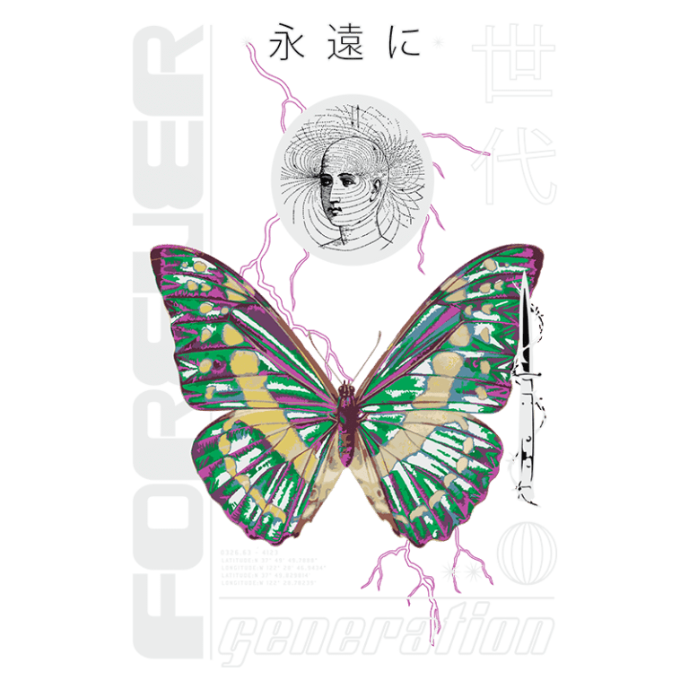 Imagem artística com uma borboleta colorida ao centro, cercada por elementos gráficos como um rosto humano estilizado, texto em japonês e detalhes geométricos. O design apresenta um contraste vibrante e uma estética moderna, destacando a palavra "FOREVER" e "generation". Ideal para temas de arte contemporânea e cultura visual.