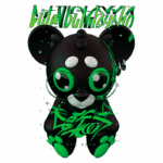 Imagem de um personagem estilizado de um urso preto com detalhes em verde, usando óculos grandes e apresentando um design moderno e cativante, com o texto "Sad Bear" e elementos gráficos brilhantes ao fundo.