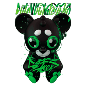 Imagem de um personagem estilizado de um urso preto com detalhes em verde, usando óculos grandes e apresentando um design moderno e cativante, com o texto "Sad Bear" e elementos gráficos brilhantes ao fundo.