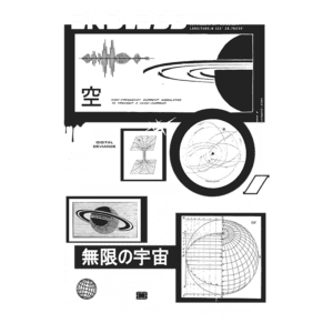 Design gráfico com elementos abstratos e científicos, incluindo gráficos, ondas sonoras e imagens de planetas, representando o tema "Universo" e a interseção entre imaginação e realidade.