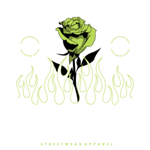 Design gráfico de uma rosa verde envolta em chamas, com as palavras "BURNING MEMORIES" e "STREETWEAR APPAREL". A imagem simboliza a efemeridade das memórias e a beleza passageira, destacando elementos de streetwear e arte urbana.