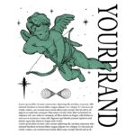 Ilustração de um cupido arqueiro em um fundo verde, acompanhado do texto "YOUR BRAND", simbolizando amor e criatividade. Ideal para branding e marketing visual.