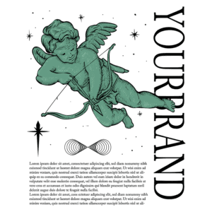 Ilustração de um cupido arqueiro em um fundo verde, acompanhado do texto "YOUR BRAND", simbolizando amor e criatividade. Ideal para branding e marketing visual.