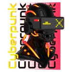 Imagem de um busto estilizado em estilo cyberpunk, com um capacete futurista equipado com um visor digital e cabos neon. O fundo apresenta elementos gráficos em cores vibrantes, destacando a estética cyberpunk. Ideal para temas relacionados a tecnologia e cultura pop.