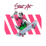 Ilustração de um esqueleto praticando skate, com estilo de arte de rua. O fundo apresenta elementos gráficos em cores vibrantes, destacando a palavra "OUTSIDE" e "SKATEBOARD". A arte combina um toque urbano com um tema divertido e descontraído.