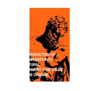 Imagem artística com fundo laranja, apresentando uma figura clássica que simboliza a introdução de contaminantes no meio ambiente. O texto destaca como esses contaminantes causam mudanças adversas na natureza. Inclui elementos gráficos e referências ao projeto "RARE".