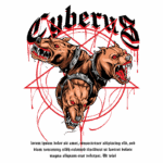 Ilustração de um cão de três cabeças, representando Cérbero, com detalhes ferozes, colares de espinhos e um fundo com um símbolo oculto em vermelho. O design destaca a ferocidade e a mitologia associada à figura.