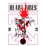 Design gráfico com o texto "HEART VIBES" em destaque, apresentando uma chama vermelha acima de um coração, com risadas em preto. Elementos gráficos incluem uma esfera embaixo e a data "2023". Estilo moderno e vibrante.