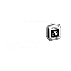 Design gráfico com a palavra "SUNDAY" em destaque, acompanhada de uma televisão vintage com um logotipo estilizado. O texto transmite a ideia de que domingo é o melhor dia para relaxar e refletir sobre a semana. Ideal para promover moda streetwear autêntica e de qualidade premium.