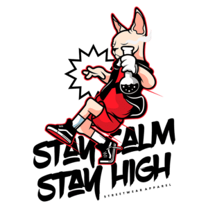 Ilustração de um personagem estilizado, semelhante a um gato, segurando um frasco de laboratório, vestido com roupas de streetwear, com a frase "Stay Calm Stay High" em destaque, representando a cultura urbana e a moda streetwear.