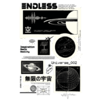 Imagem com design gráfico abstrato que apresenta elementos do universo, incluindo planetas, gráficos de ondas sonoras e textos em várias línguas. O tema central é a interseção entre imaginação e realidade digital, com referências a coordenadas e conceitos científicos.