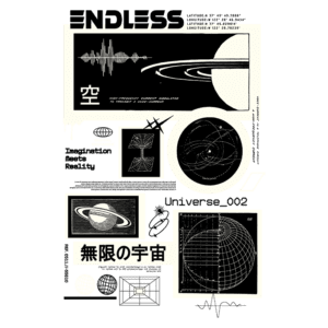 Imagem com design gráfico abstrato que apresenta elementos do universo, incluindo planetas, gráficos de ondas sonoras e textos em várias línguas. O tema central é a interseção entre imaginação e realidade digital, com referências a coordenadas e conceitos científicos.