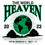 Design de camiseta com o texto "The World Heaven 2023", apresentando um globo terrestre e nuvens. O design reflete a ideia de que céu e inferno estão na mente, simbolizando memórias boas e ruins. Ideal para moda streetwear.