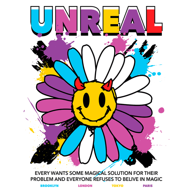 Arte colorida com o texto "UNREAL" e uma flor estilizada com um rosto sorridente, simbolizando a busca por soluções mágicas para problemas. Inclui as cidades Brooklyn, Londres, Tóquio e Paris.
