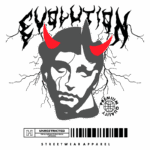 Design gráfico de uma camiseta de streetwear com o tema "evolução", apresentando uma figura estilizada de rosto humano com chifres vermelhos, acompanhada de elementos gráficos como raios e texto em estilo urbano. Ideal para amantes da moda alternativa e streetwear.