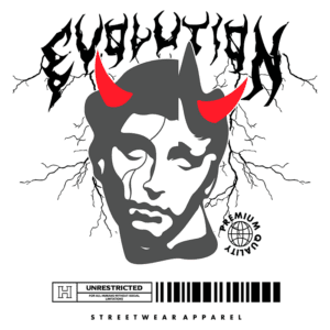 Design gráfico de uma camiseta de streetwear com o tema "evolução", apresentando uma figura estilizada de rosto humano com chifres vermelhos, acompanhada de elementos gráficos como raios e texto em estilo urbano. Ideal para amantes da moda alternativa e streetwear.