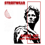Imagem com design de streetwear, apresentando uma ilustração estilizada de uma estátua clássica, acompanhada de elementos gráficos como um globo e uma grade. O texto destaca "Streetwear", "Alta Qualidade", e "Autêntico", com a menção de que a "Arte da Capa não está incluída". Ideal para promover uma coleção de moda urbana.