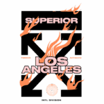 Design gráfico com o texto "SUPERIOR LOS ANGELES" em destaque, adornado por chamas estilizadas e um globo, representando uma marca premium e autêntica. Ideal para identificar produtos ou eventos relacionados a Los Angeles e moda urbana.