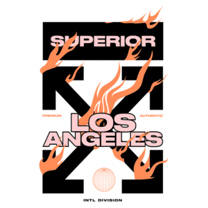Design gráfico com o texto "SUPERIOR LOS ANGELES" em destaque, adornado por chamas estilizadas e um globo, representando uma marca premium e autêntica. Ideal para identificar produtos ou eventos relacionados a Los Angeles e moda urbana.
