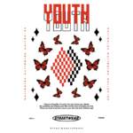Design gráfico com a palavra "YOUTH" em destaque, rodeado por borboletas e um padrão de losangos. O fundo é verde, e o texto explora temas de juventude, criatividade e estilo de vida, representando uma marca de streetwear.