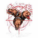 Imagem de um cão de três cabeças, inspirado no mito de Cérbero, com um fundo de pentagrama vermelho. O design apresenta detalhes agressivos e sombrios, com a palavra "Cyberus" em destaque. Ideal para temas de fantasia, jogos ou cultura pop.