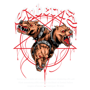 Imagem de um cão de três cabeças, inspirado no mito de Cérbero, com um fundo de pentagrama vermelho. O design apresenta detalhes agressivos e sombrios, com a palavra "Cyberus" em destaque. Ideal para temas de fantasia, jogos ou cultura pop.
