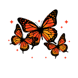 Design gráfico da marca Nature Angel Clothing Co, apresentando borboletas laranja e pretas em um estilo de streetwear, com o texto "STREET WEAR" destacado.