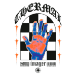 Imagem estilizada de uma mão em cores vibrantes, com um fundo de padrão quadriculado. O design inclui o texto "THERMAL" em destaque e elementos gráficos que representam moda streetwear.