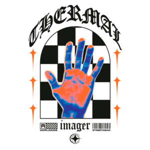 Imagem estilizada de uma mão em cores vibrantes, com um fundo de padrão quadriculado. O design inclui o texto "THERMAL" em destaque e elementos gráficos que representam moda streetwear.