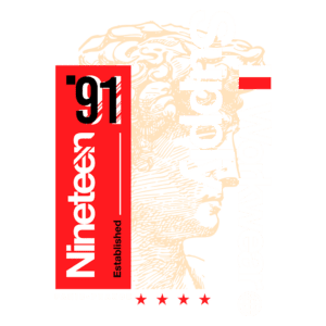 Logotipo da marca Nineteen, estabelecida em 1991, com elementos gráficos que incluem uma representação artística e a frase "Workwear Supply", destacando sua origem em Paris.