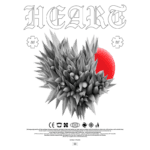 Imagem artística com a palavra "HEART" em estilo gótico, apresentando um coração tridimensional com formas espinhosas em tons de cinza, e um fundo verde com um círculo vermelho. Elementos gráficos adicionais e texto informativo sobre a arte estão presentes na parte inferior.