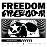 Design gráfico de moda streetwear com a palavra "FREEDOM" em destaque, apresentando uma estética ousada e contemporânea, incluindo uma caveira estilizada e uma estrela. Edição limitada.