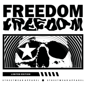 Design gráfico de moda streetwear com a palavra "FREEDOM" em destaque, apresentando uma estética ousada e contemporânea, incluindo uma caveira estilizada e uma estrela. Edição limitada.