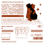 Imagem com design gráfico sobre a cultura dos amantes de gatos, destacando ilustrações de gatos e textos que mencionam "cat lovers". Inclui elementos de moda urbana e referências a 1998 e 1999, promovendo uma marca de vestuário premium.