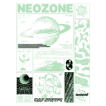 Design gráfico futurista da marca Neozone, apresentando um planeta estilizado e elementos visuais de streetwear. O layout inclui informações sobre a coleção de 2008, gráficos abstratos e ícones relacionados a moda urbana. Ideal para entusiastas de moda e cultura contemporânea.