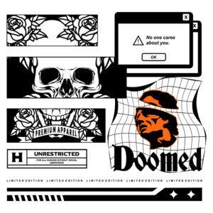 Design gráfico moderno com elementos de arte urbana, incluindo um crânio, rosas e uma mensagem de alerta. O texto "Doomed" destaca-se em laranja sobre um fundo em grade, enquanto outras partes mencionam "Premium Apparel" e "Unrestricted". Ideal para moda streetwear e cultura contemporânea.