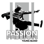 Imagem estilizada de uma pessoa pulando, vestindo jaqueta e gorro, com o texto "PASSION YOUNG BLOOD" em destaque. O design é moderno e vibrante, refletindo energia e atitude jovem.