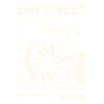 Design gráfico com a palavra "EMPTINESS" em destaque, acompanhada de ilustrações de cartas de baralho, uma cabeça estilizada com espiral, e elementos naturais como cogumelos e plantas. A arte reflete temas de solidão e introspecção, ideal para moda streetwear.