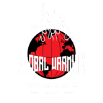 Imagem com tema de aquecimento global, apresentando um globo terrestre em chamas e a frase "GLOBAL WARMING". O design destaca a necessidade de proteção do meio ambiente e a importância do equilíbrio entre humanos e a natureza, promovendo a conscientização sobre as ameaças à biodiversidade.