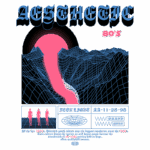 Imagem com design retrô dos anos 80, apresentando uma estética neon vibrante. A arte inclui uma curva rosa em um fundo de montanhas em estilo de grade tridimensional, com silhuetas de duas pessoas. Texto destacado menciona "Aesthetic 80's" e "Neon Light", refletindo a cultura jovem e a música da época.