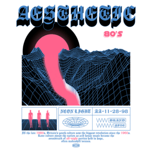 Imagem com design retrô dos anos 80, apresentando uma estética neon vibrante. A arte inclui uma curva rosa em um fundo de montanhas em estilo de grade tridimensional, com silhuetas de duas pessoas. Texto destacado menciona "Aesthetic 80's" e "Neon Light", refletindo a cultura jovem e a música da época.
