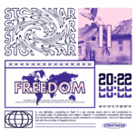 Imagem com a palavra "FREEDOM" em destaque, acompanhada de elementos gráficos que incluem mensagens sobre a paz e anti-guerra, além de referências a conceitos de liberdade negativa. O fundo apresenta uma ilustração de um edifício danificado, simbolizando os efeitos da guerra. O design é contemporâneo e voltado para a moda de rua, com coordenadas geográficas e um estilo artístico vibrante.