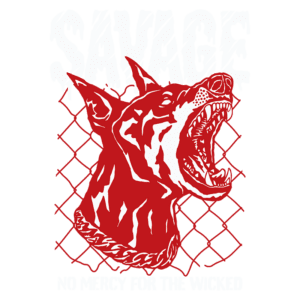 Imagem de um cão feroz, com a cabeça voltada para cima e a boca aberta, em um fundo de grade. O texto "SAVAGE" está em destaque na parte superior, enquanto "NO MERCY FOR THE WICKED" está na parte inferior, ambos em estilo gráfico ousado. A ilustração é predominantemente em vermelho e branco, transmitindo uma sensação de agressividade e força.
