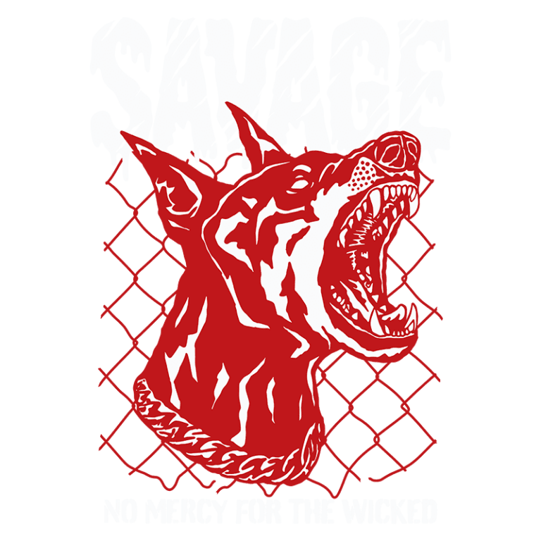 Imagem de um cão feroz, com a cabeça voltada para cima e a boca aberta, em um fundo de grade. O texto "SAVAGE" está em destaque na parte superior, enquanto "NO MERCY FOR THE WICKED" está na parte inferior, ambos em estilo gráfico ousado. A ilustração é predominantemente em vermelho e branco, transmitindo uma sensação de agressividade e força.