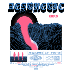 Imagem estilizada dos anos 80 com uma estética neon, apresentando montanhas em uma grade tridimensional e uma figura em forma de onda rosa. O texto destaca a cultura jovem da Grã-Bretanha na década de 1980, mencionando a influência da música acid house e festas noturnas.