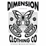 Design gráfico da marca Dimension Clothing Co, apresentando uma borboleta estilizada no centro, acompanhada de elementos gráficos circulares. O texto destaca "limited edition" e "street wear apparel", enfatizando a exclusividade e o estilo urbano da coleção.