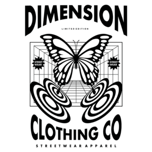 Design gráfico da marca Dimension Clothing Co, apresentando uma borboleta estilizada no centro, acompanhada de elementos gráficos circulares. O texto destaca "limited edition" e "street wear apparel", enfatizando a exclusividade e o estilo urbano da coleção.