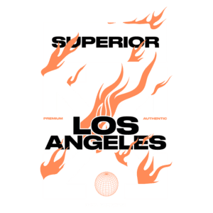 Design gráfico com o texto "SUPERIOR LOS ANGELES", destacando elementos de fogo e uma esfera, representando a marca PREMIUM AUTÊNTICO da divisão internacional.